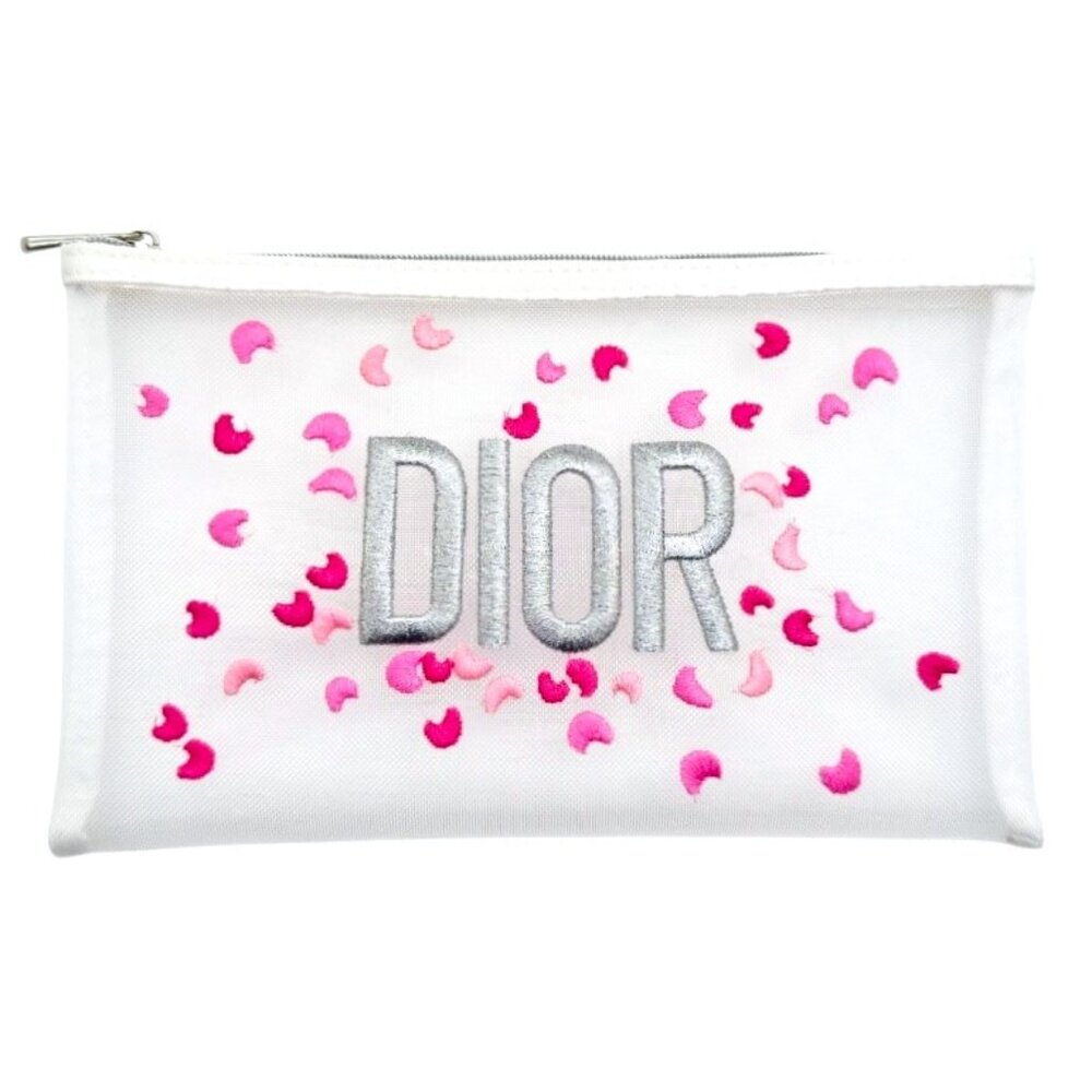 DIOR Mesh Embroidered Floral Pouch Makeup Bag - White, Silver & Pink NEW